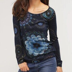 Desigual Women's XL Lightweight Knit Sweater Blue Artsy Lotus